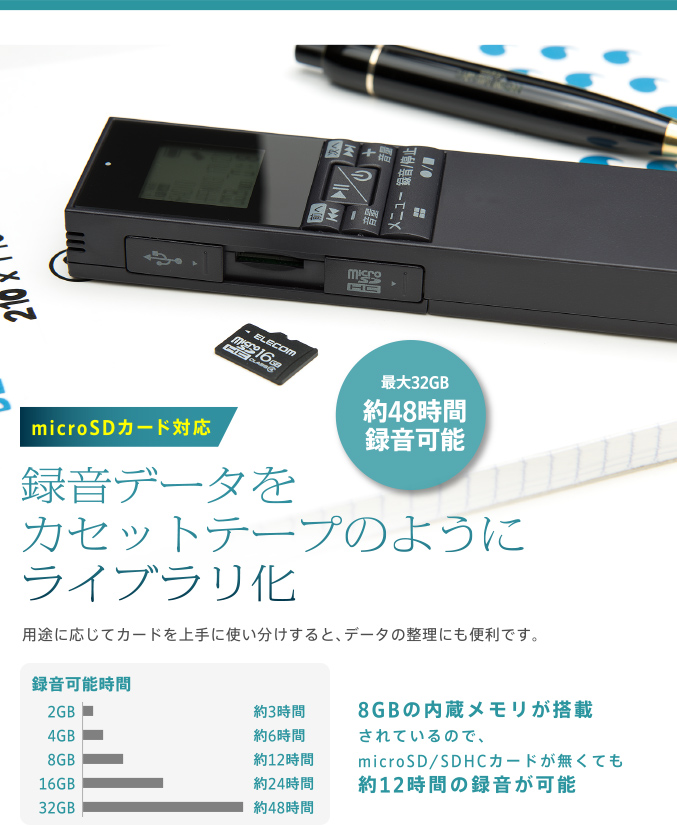 microSDカード対応 録音データをカセットテープのようにライブラリ化