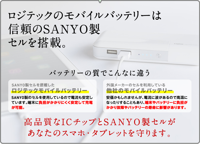 ロジテックのモバイルバッテリーはSANYO製セルを搭載。