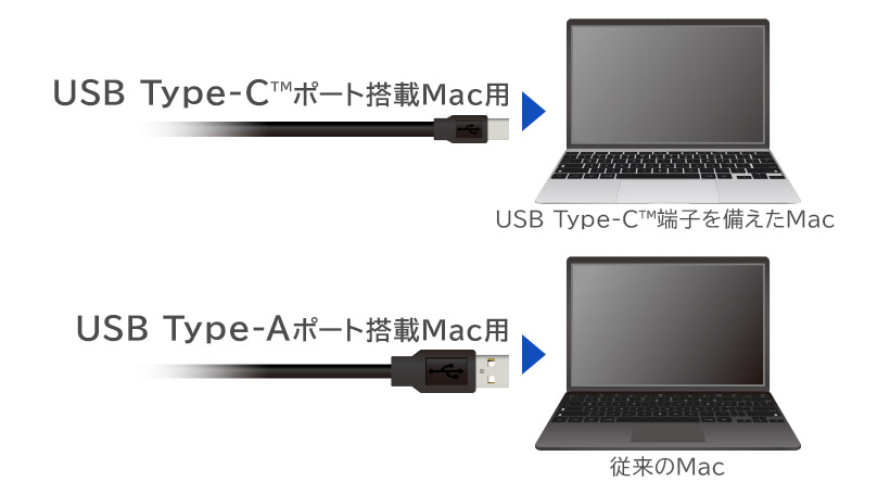 Type-A/Type-Cの2種類のUSBケーブルを標準付属