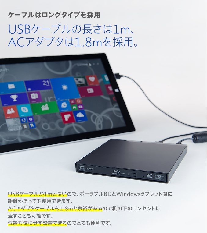 ケーブルはロングタイプを採用　USBケーブルの長さは1m、ACアダプタは1.8mを採用。